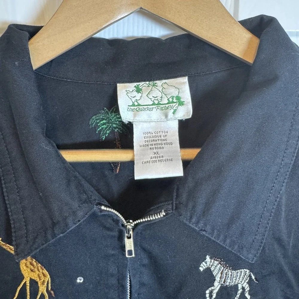 Quacker Factory Jacket XL Black Embroidery Jungle Animal Print Zoo Palm Full Zip